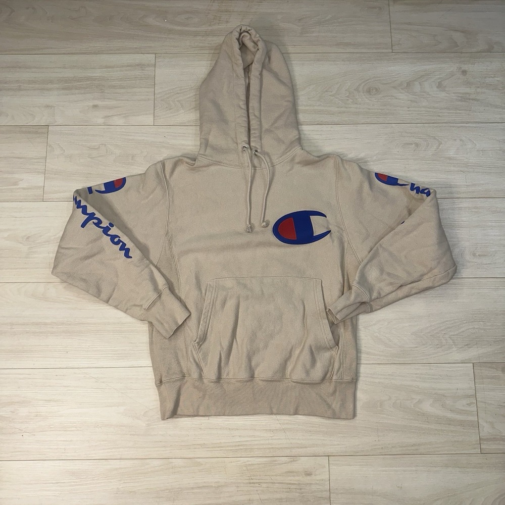 Champion Reverse Weave Hoodie Mens Small Beige Ribbed Big Logo Heavy Thick Retro